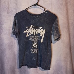 Stussy World Tour Navy Acid Wash Graphic Tee
